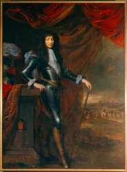 Retrato no pé de Luís XIV (1638 - 1715) jovem de armadura. Pintura atribuída a Louis Ferdinand Elle, o velho (1612 - 1689)