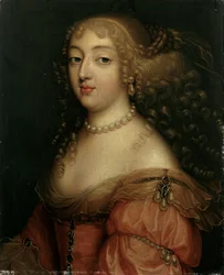 Retrato de uma senhora, dita Laura Mancini, duquesa de Mercoeur, comprimento do busto, em um vestido vermelho, com um colar de pérolas e brincos