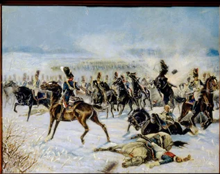A Batalha de Eylau, 20 de fevereiro de 1807. (A Batalha de Preussisch Eylau em 8 de fevereiro de 1807). Confronto militar entre o Grande Armée francês de Napoleão I (1769-1821) e o Império Russo. Obra de Louis Ferdinand Malespina (1874-1940), óleo sobre ca