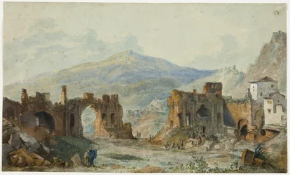 O antigo teatro de Taormina com vista para o Etna, estudo para a Viagem Pitoresca de Nápoles e da Sicília de Saint Non