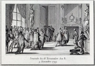 Consulado: "Napoleão Bonaparte (1769-1821) na reunião de Saint Cloud nos 18 brumaire (11/9/1799)" O golpe de Estado dos 18 brumaire por Napoleão Bonaparte no Conselho de Cinco Cêntimos (Cinco Cêntimos) (sala de 500), protegido por grenadiers, termina o D