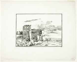 Edifícios em ruínas perto de uma margem de rio, placa 9 de Quatrieme suite de paysages dessinés et grave a l