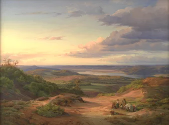 Uma paisagem perto de Himmelbjerget, Jutlândia. Em primeiro plano uma família cigana