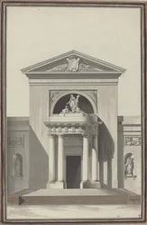 Fachada para uma igreja com uma escultura representando a fé