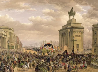 Funeral do duque de Wellington, o carro fúnebre passando o arco em Apsley House, 18 de novembro de 1852, gravado por Thomas Picken (fl.1838-1870), pub. por Ackermann e Day, 1853