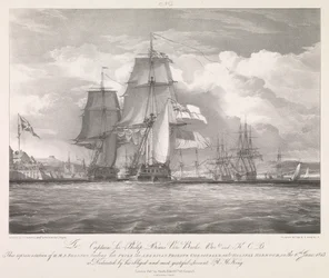 O HMS "Shannon" conduzindo a sua presa, a fragata americana "Chesapeake" (1806), para o porto de Halifax, Nova Escócia, em 6 de junho de 1813, c.1815 (litografia)