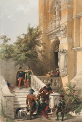 Heidelberg (servos e cortesãos na varanda de mármore de um castelo), 1850