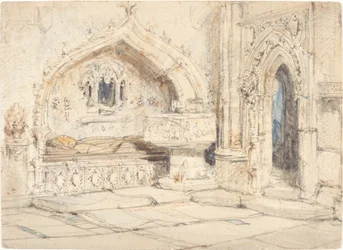 Interior de uma igreja com um túmulo de parede e fonte medieval