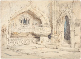 Interior de uma igreja com um túmulo de parede e uma pia baptismal medieval