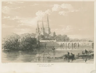 Catedral de Lichfield - Vista sudoeste: litografia colorida, 1548