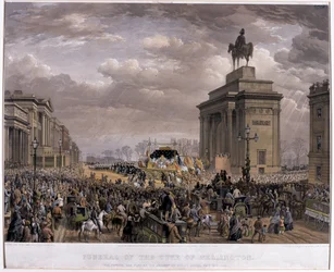 O carro funerário do Duque de Wellington (1769-1852) passando pela Arcada em Apsley House em 18 de novembro de 1852, 1853