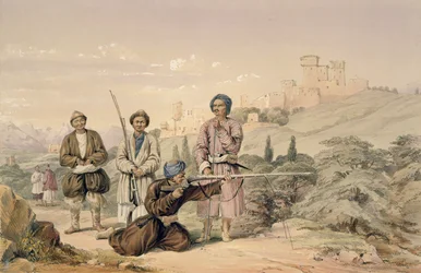 Huzzarehs atirando com Juzzaeels, de &39;Characters and Costumes of Afghuanistan&39; escrito pelo capitão Lockyer Willis Hart, publicado em 1843