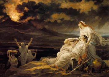Herculano (23 de agosto de 79): a cidade antiga destruída pela erupção do Vesúvio e os habitantes que vieram refugiar-se numa colina - Pintura de Louis Hector Leroux (1829-1900)