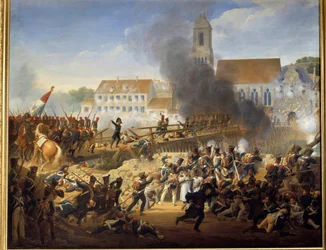 Passando a Ponte Landshut em 21/04/1809, o General Mouton dirigiu os granadeiros do 17º Regimento de Pintura de Linha por Louis Hersent (1777-1860)