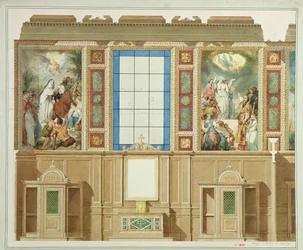Detalhe de uma das capelas abaixo dos corredores laterais, do projeto para decorar a igreja de Notre Dame de Lorette, 1855 cor litho