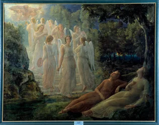 O poema da alma; A escada de ouro, a cena tem a atmosfera lírica, povoada de anjos e a figura de Deus. Pintura de Louis Janmot (1814-1892) do século XIX. Lyon, musee des Beaux Arts - O poema da alma: escada dourada, cena com uma lírica