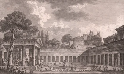 Reconstrução ideal da Villa de Diomedes em Pompeia para o seu estado original antes da erupção vulcânica do Monte Vesúvio em 79 d.C., Campania, Itália, gravura após desenho de Louis Jean Desprez (1743-1804), cerca de 21x34 cm