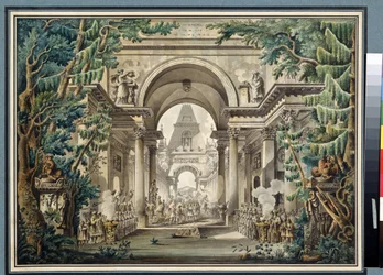 ""La procession au temple"" (Procissão em um templo) Cenografia para uma peça. Aquarela de Louis Jean Desprez (1743-1804) Museu Pushkin, Moscou