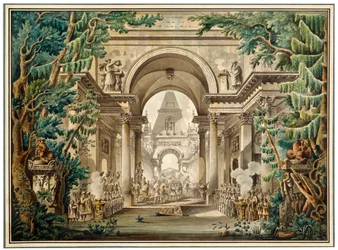 Procissão em um templo. Cenografia de uma peça de teatro do século XVIII ou início do século XIX