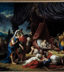 Morte da mulher do Darius. Este trabalho, inspirado na história antiga de Rollin e na série de Triunfos de Alexandre de Le Brun, retrata o imperador grego reunido diante do corpo da esposa de Dario. Este quadro pintado em Roma traz a menção LAGRENEE PINXIT