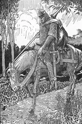 Mordred (Modred) feridas após a batalha de Camlann contra o seu pai Rei Artur (Mordred ferido após a batalha de Camlann) Ilustração de Louis Rhead (1858-1926) de "King Arthur and his knights" 1923 Colecção privada