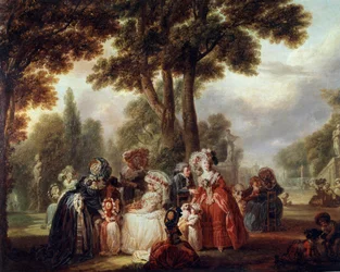 Montado num parque de nobres de um jardim. Pintura de Louis Joseph Watteau dit Watteau de Lille (1731-1798). Século XVIII. Paris. Musee Cognacq Jay