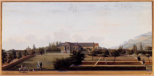Vista de Longwood na ilha de Santa Helena, onde viveu Napoleão Bonaparte (1769-1821) durante o seu exílio Watercolour de Louis Marchand (1791-1876) 1820 Sol 0,27 x 0,57 m Malmaison, museu do castelo