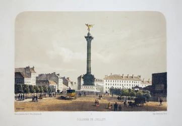 Coluna de Julho (Place de la Bastille), Paris. Litografia aquarela, ilustração de Arnout, em "Album, souvenirs de Paris", Daziaro editor, Paris