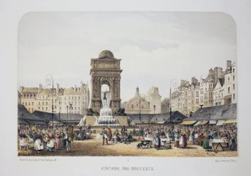 Fonte dos Inocentes (Fonte das Ninfas), Paris. Litografia aquarela, ilustração de Arnout, em "Album, souvenirs de Paris", Daziaro editor, Paris
