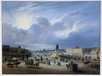 Vista geral do Louvre e da estátua de Henrique IV - em "Paris en 1837" de Arnout