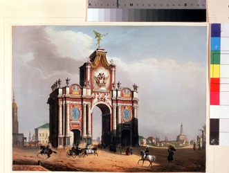 O Portão Vermelho em Moscou. Litografia de Louis Jules Arnout (1814-1868), colorida em aquarela, por volta de 1830. Arte francesa, classicismo. A. Museu Memorial Pushkin, São Petersburgo.