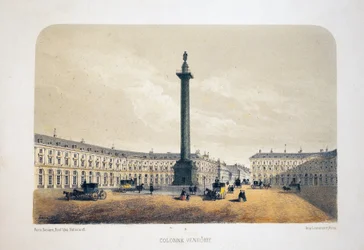 Coluna Vendome, Paris. Litografia aquarela, ilustração de Arnout, em "Album, souvenirs de Paris", Daziaro editor, Paris