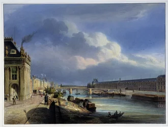 Vista da Pont du Carrousel e da Grand Galerie du Louvre - em "Paris en 1837" de Arnout