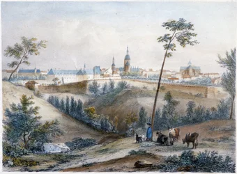 Bouvier no campo bretão (Dinan ao longe) - litografia de Jacottet e Benoist