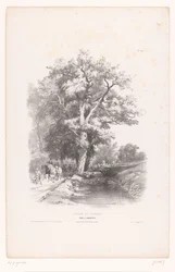 Caçadores com cães ao longo de uma vala em uma floresta Curso de desenho de paisagem (título da série) Cours de Paysage (título da série no objeto)