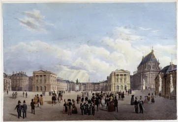 O pátio do Palácio de Versalhes - em "Promenade dans Paris et ses environs", desenhado por Jacottet e Benoist, c. 1840