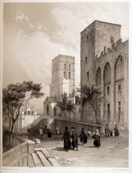Palácio dos Papas em Avignon, e os caminhantes de Avignon no século XIX.
