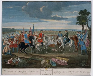 A captura do marechal Tallard e o lançamento de 4000 cavalos no Danúbio na Batalha de Blenheim em 1704, c. 1760