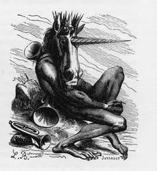 Amdusias, demónio na Ars Goetia - Amdusias - demónio derivado das crenças goéticas, arte e prática da invocação de demónios - no «Dicionário Infernal» de Collin de Plancy - gravura de L. Breton. Paris