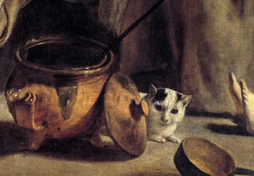Família de camponeses em um interior Detalhe representando potes de gato e cobre. Pintura de Louis the Nain (1593-1648) Século XVII