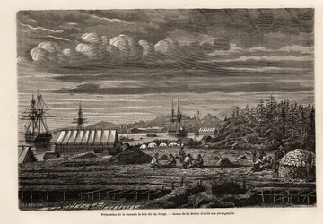 Preparação do bacalhau na baía de Cap Rouge, limpeza do peixe e coleta de fígados para extrair óleo da greve, depois salga na cabine sobre palafitas, desenho de Lebreton, para ilustrar a viagem à Terra Nova em 1860 por A. de Gobineau. Gravura em "