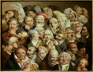 Caricatura: série de expressões ridículas - reunião de 35 cabeças de expressão. Pintura de Louis Léopold Boilly (1761-1845), cerca de 1825. Óleo sobre madeira. Dimensões: 0,19 x 0,25 m. Tourcoing, Museu de Belas-Artes - Reunião de 35 expressões faciais.