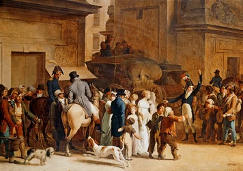 Partida de recrutas na Porte Saint Denis, em Paris, para combater nas Guerras Napoleónicas (pintura sobre tela)