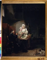 ""O velho vigário"" (um velho pároco) Duas mulheres ajudam um velho pároco na cozinha. Pintura de Louis-Leopold (Louis Leopold) Boilly (1761-1845) 1785-1800 Museu Pushkin, Moscou