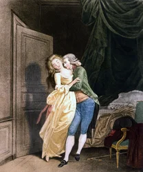 Resistência suave. Um homem faz avanços para uma jovem mulher muito elegante. Gravação por Boilly