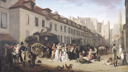 A chegada de uma diligência no Terminus, rue Notre-Dame-des-Victoires, Paris