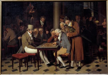 O interior de um café diz que a festa das senhoras no Café Lamblin no Palais Royal em Paris Pintura de Louis Leopold Boilly (1761-1845) Sol do século XIX. 0,38x0,55 m Chantilly, Musee Conde