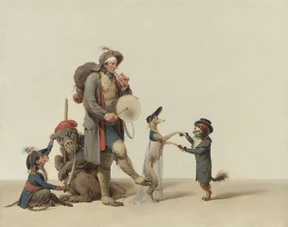 Um treinador de animais com cães dançarinos, um urso e um macaco por Boilly, Louis-Leopold (1761-1845). Óleo sobre tela, tamanho : 32,4x40,6 cm - Colecção privada