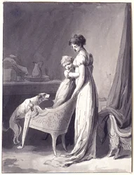 Mulher com criança e cão