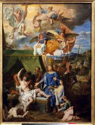 Thaumaturgy: "King Louis IX (1214-1270) (Saint Louis) warring the ecrouelles" Pintura de Louis Licherie De Beury (1629-1687) Sun. 0,79 x 0,58 m Rouen, Musee Des Beaux Arts